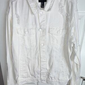 Forever 21 White Distressed Denim Jacket Button Men's Regular Size S Short